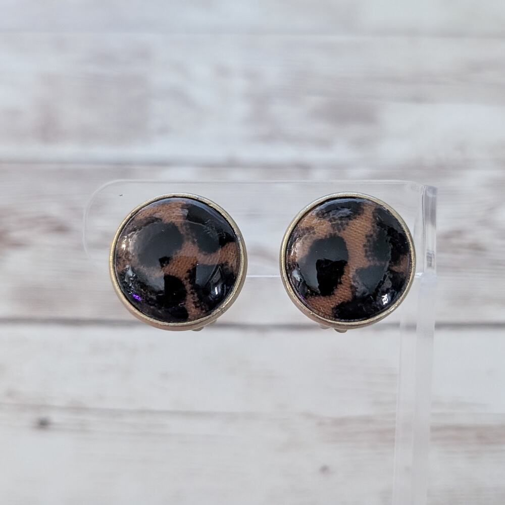 Vintage Clip On Earrings Dark Brown & Black Animal Print